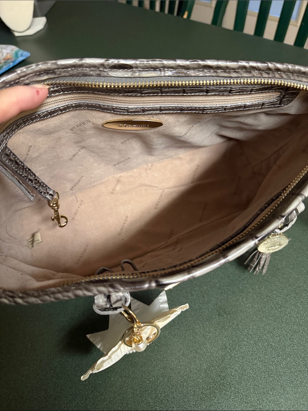 Brahmin Asher Shoulder Bag in Taupe with Cream Bow Charm - Picture 9 of 16